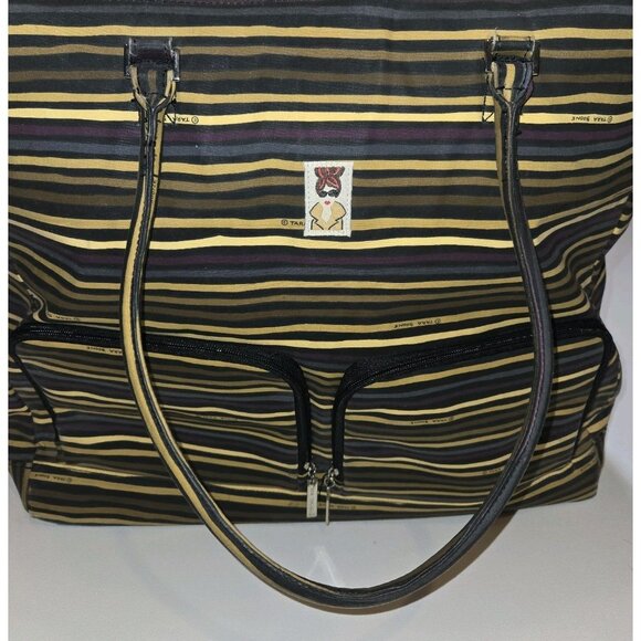 Tara Boone Striped Overnight Bag Tote Weekender Bag Large Brown Tan Pockets Hand - Picture 11 of 13
